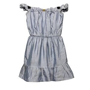 CELINE Off-The-Shoulder Gathered Mini Dress Blue Striped Silk Classic French